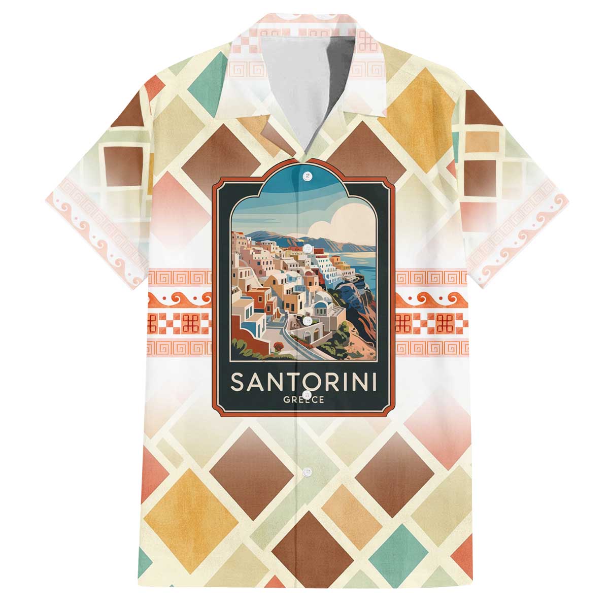 Santorini Greece Family Matching Off The Shoulder Long Sleeve Dress and Hawaiian Shirt Sunset Village Print and Mediterranean Geometric Pattern
