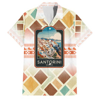 Santorini Greece Family Matching Off The Shoulder Long Sleeve Dress and Hawaiian Shirt Sunset Village Print and Mediterranean Geometric Pattern