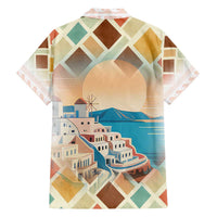 Santorini Greece Family Matching Off The Shoulder Long Sleeve Dress and Hawaiian Shirt Sunset Village Print and Mediterranean Geometric Pattern