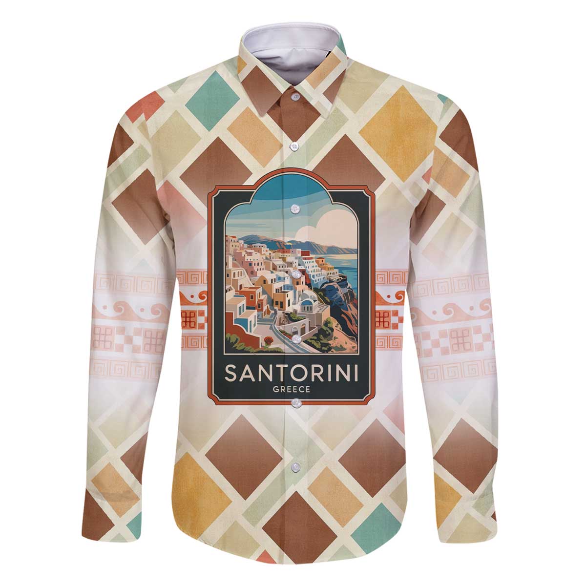 Santorini Greece Family Matching Off The Shoulder Long Sleeve Dress and Hawaiian Shirt Sunset Village Print and Mediterranean Geometric Pattern