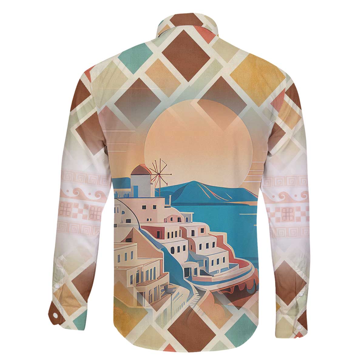 Santorini Greece Family Matching Off The Shoulder Long Sleeve Dress and Hawaiian Shirt Sunset Village Print and Mediterranean Geometric Pattern