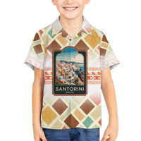 Santorini Greece Family Matching Off The Shoulder Long Sleeve Dress and Hawaiian Shirt Sunset Village Print and Mediterranean Geometric Pattern