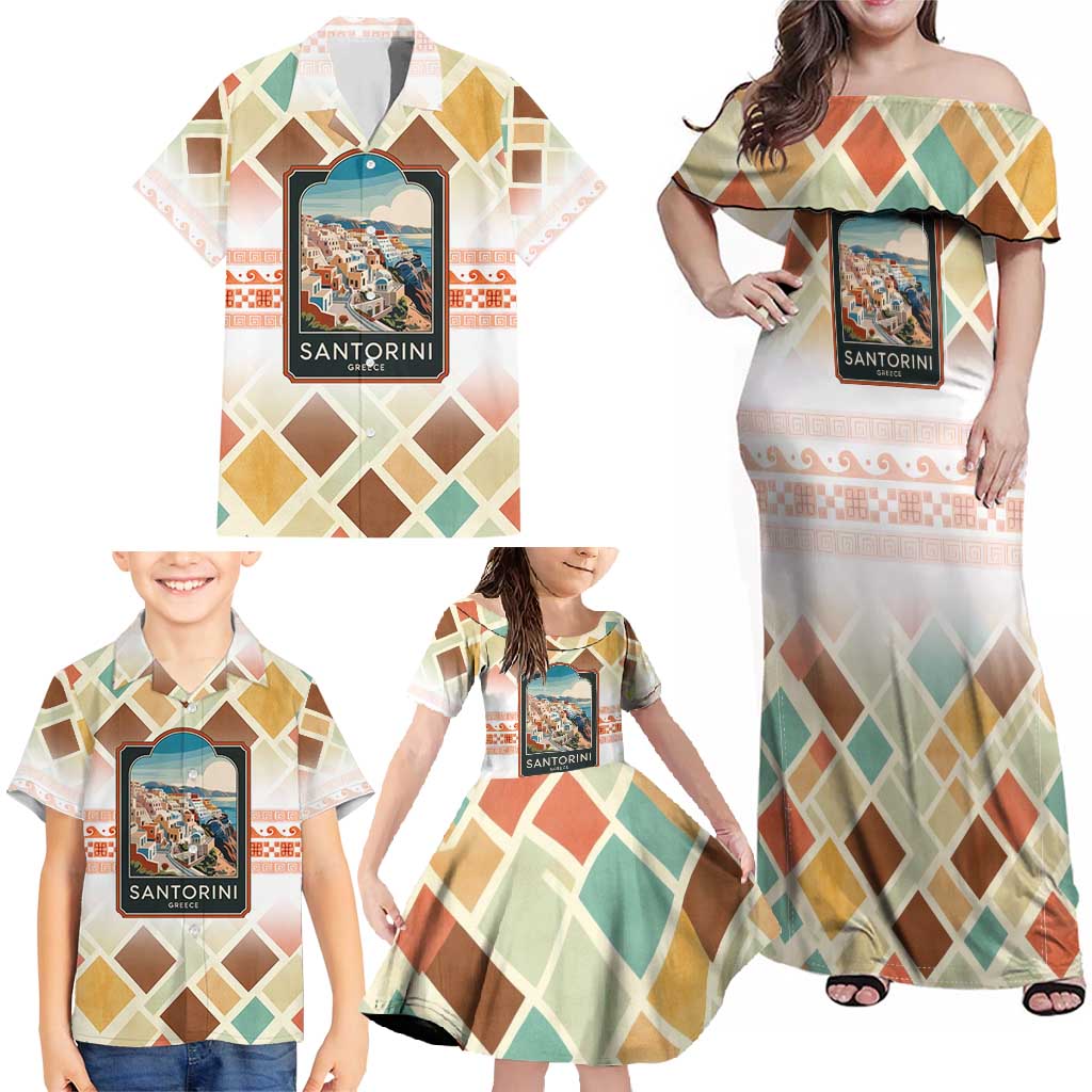 Santorini Greece Family Matching Off Shoulder Maxi Dress and Hawaiian Shirt Sunset Village Print and Mediterranean Geometric Pattern