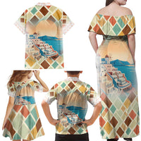 Santorini Greece Family Matching Off Shoulder Maxi Dress and Hawaiian Shirt Sunset Village Print and Mediterranean Geometric Pattern