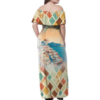Santorini Greece Family Matching Off Shoulder Maxi Dress and Hawaiian Shirt Sunset Village Print and Mediterranean Geometric Pattern