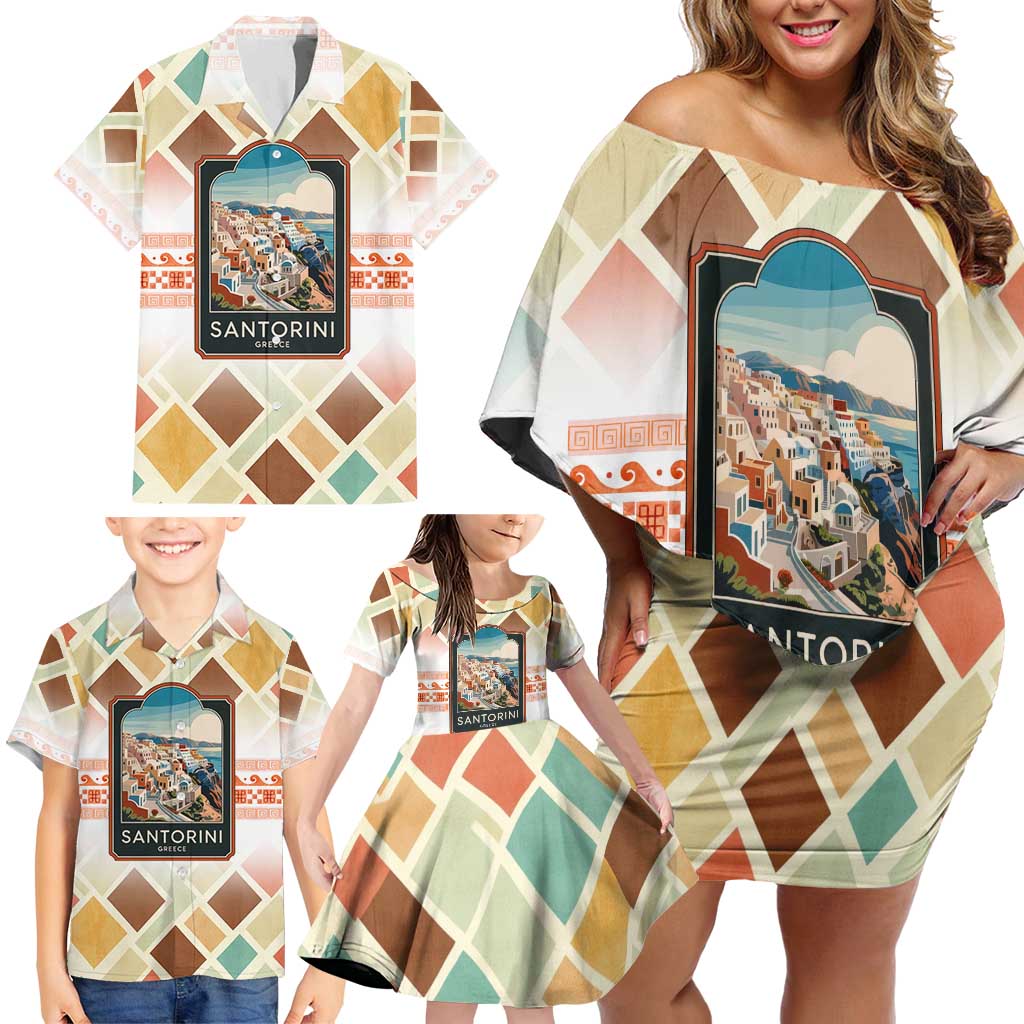 Santorini Greece Family Matching Off Shoulder Short Dress and Hawaiian Shirt Sunset Village Print and Mediterranean Geometric Pattern
