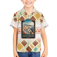 Santorini Greece Family Matching Off Shoulder Short Dress and Hawaiian Shirt Sunset Village Print and Mediterranean Geometric Pattern