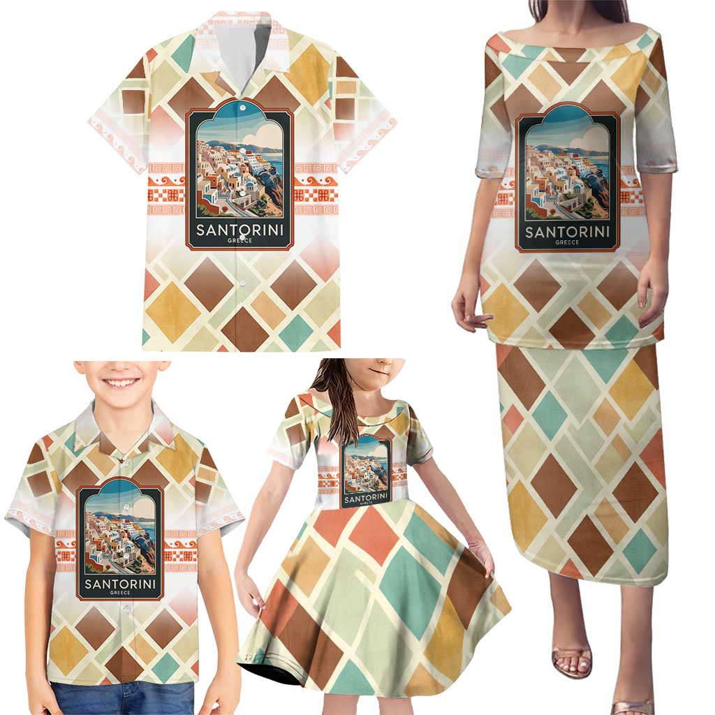 Santorini Greece Family Matching Puletasi and Hawaiian Shirt Sunset Village Print and Mediterranean Geometric Pattern