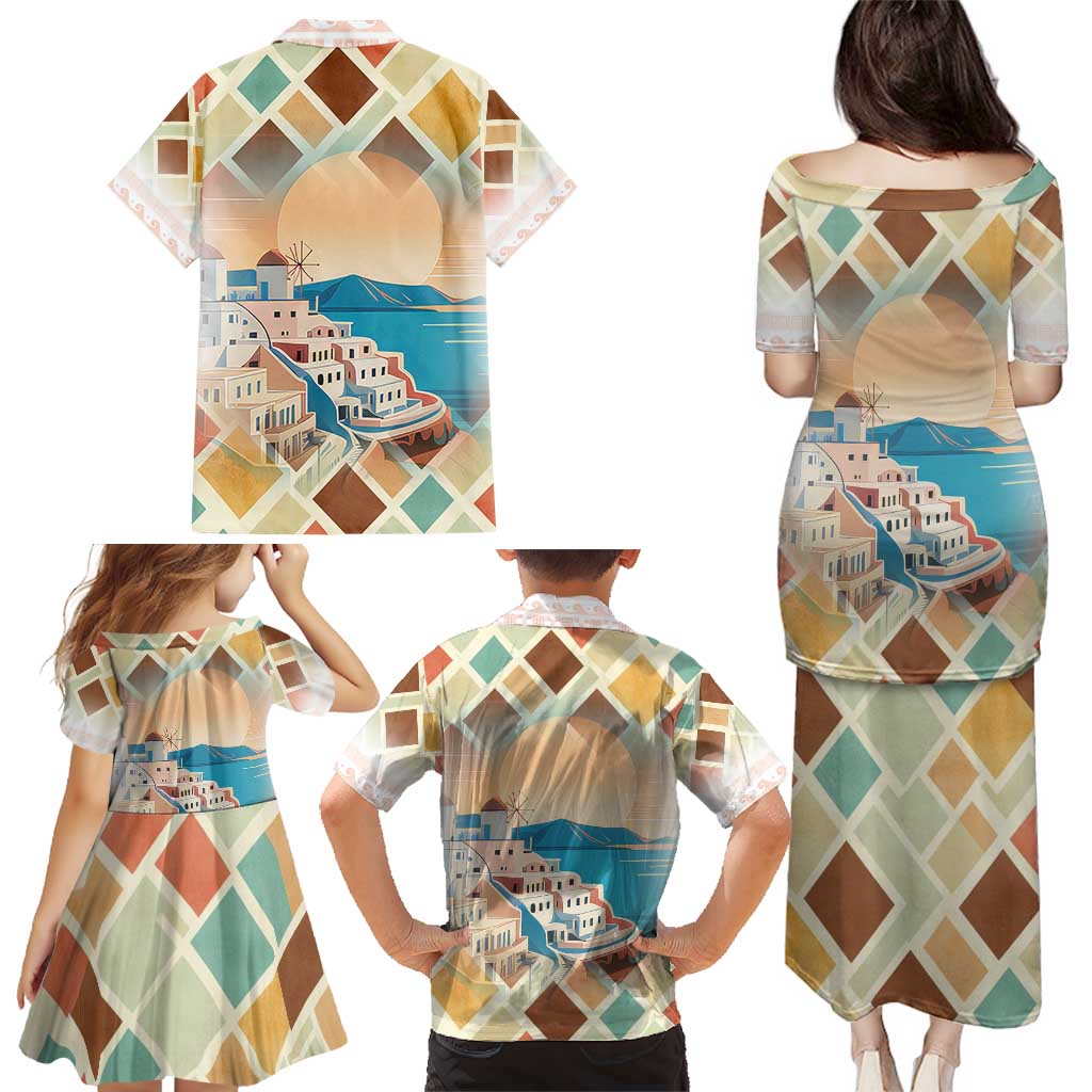 Santorini Greece Family Matching Puletasi and Hawaiian Shirt Sunset Village Print and Mediterranean Geometric Pattern