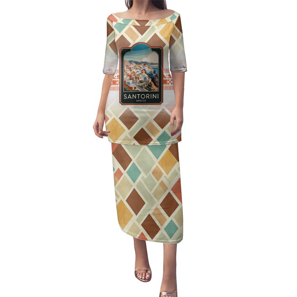 Santorini Greece Family Matching Puletasi and Hawaiian Shirt Sunset Village Print and Mediterranean Geometric Pattern