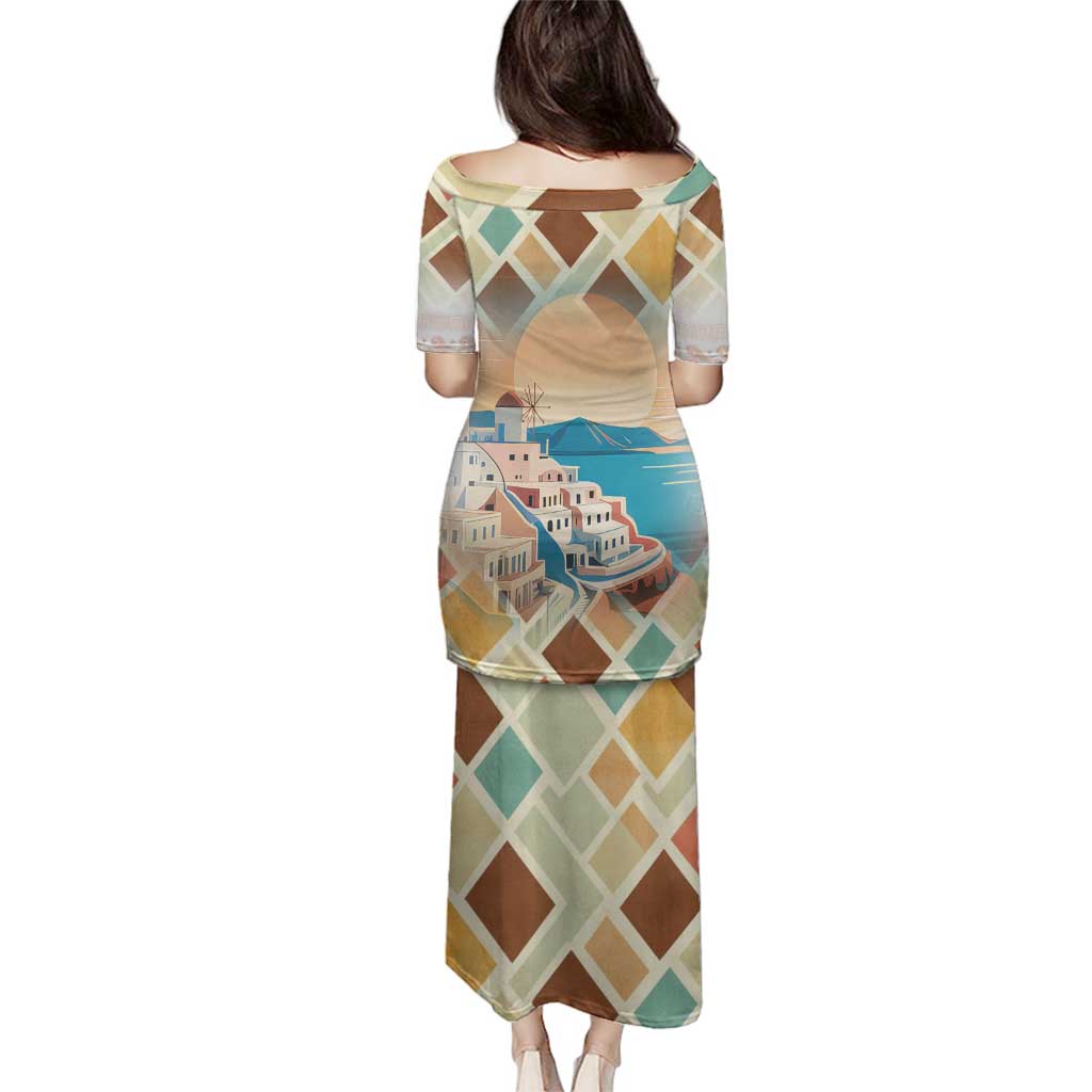 Santorini Greece Family Matching Puletasi and Hawaiian Shirt Sunset Village Print and Mediterranean Geometric Pattern