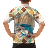 Santorini Greece Family Matching Short Sleeve Bodycon Dress and Hawaiian Shirt Sunset Village Print and Mediterranean Geometric Pattern