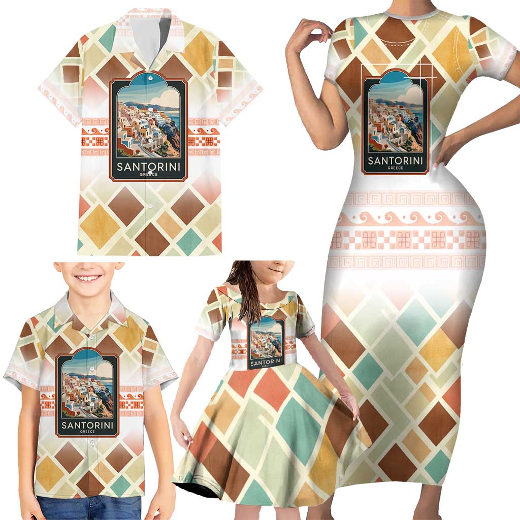 Santorini Greece Family Matching Short Sleeve Bodycon Dress and Hawaiian Shirt Sunset Village Print and Mediterranean Geometric Pattern