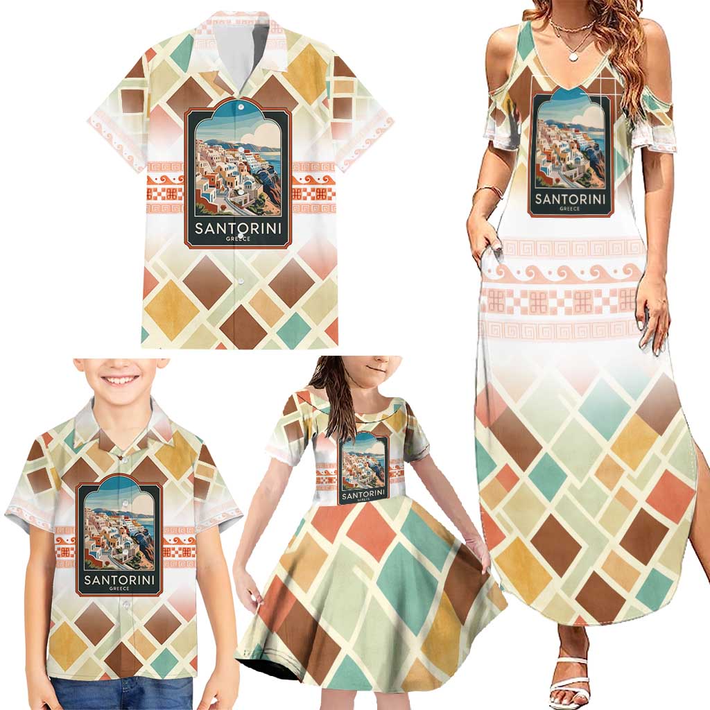 Santorini Greece Family Matching Summer Maxi Dress and Hawaiian Shirt Sunset Village Print and Mediterranean Geometric Pattern