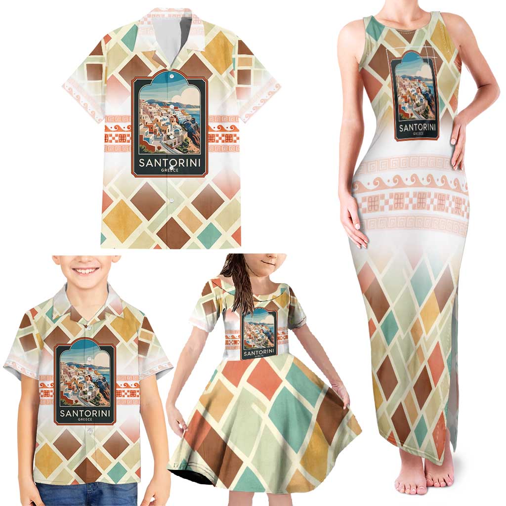 Santorini Greece Family Matching Tank Maxi Dress and Hawaiian Shirt Sunset Village Print and Mediterranean Geometric Pattern