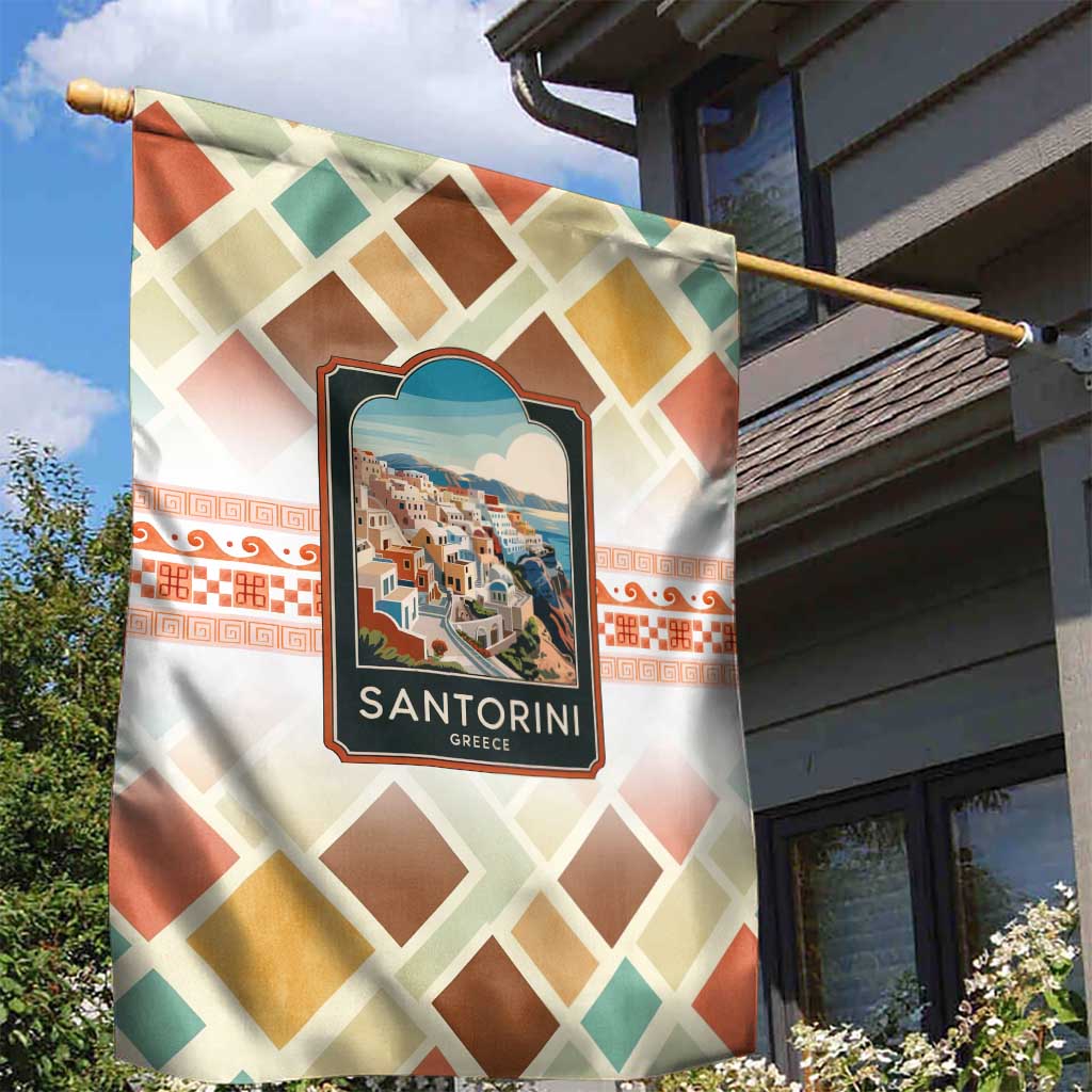 Santorini Greece Garden Flag Sunset Village Print and Mediterranean Geometric Pattern