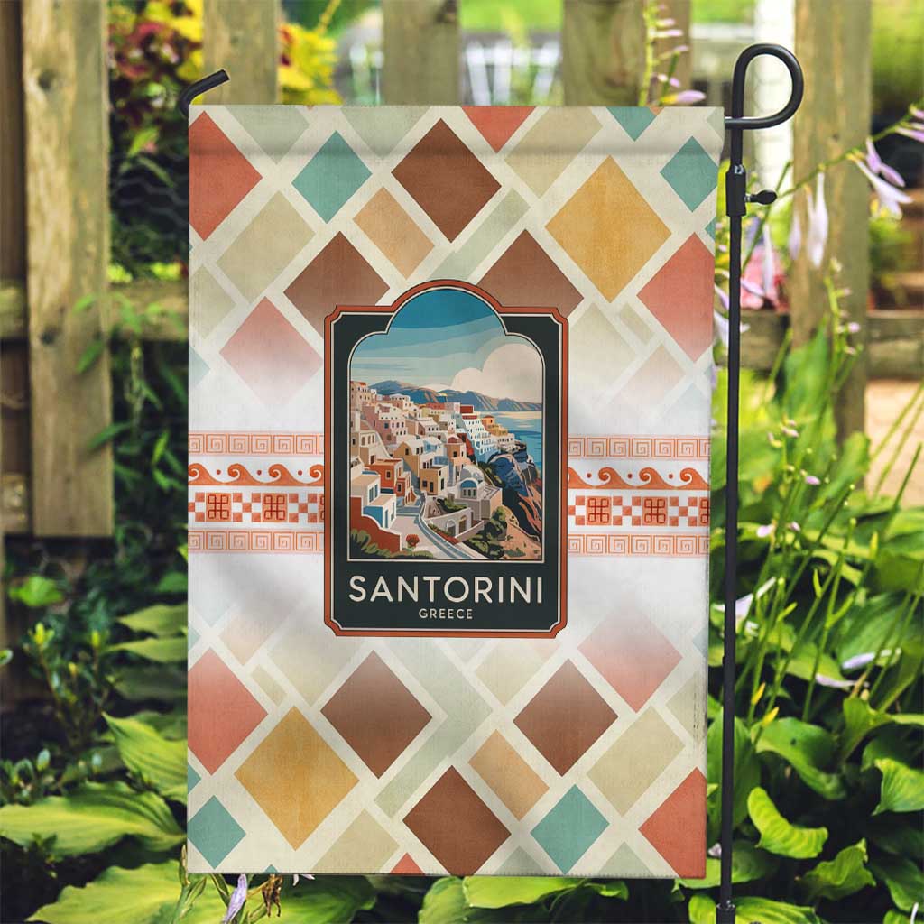 Santorini Greece Garden Flag Sunset Village Print and Mediterranean Geometric Pattern