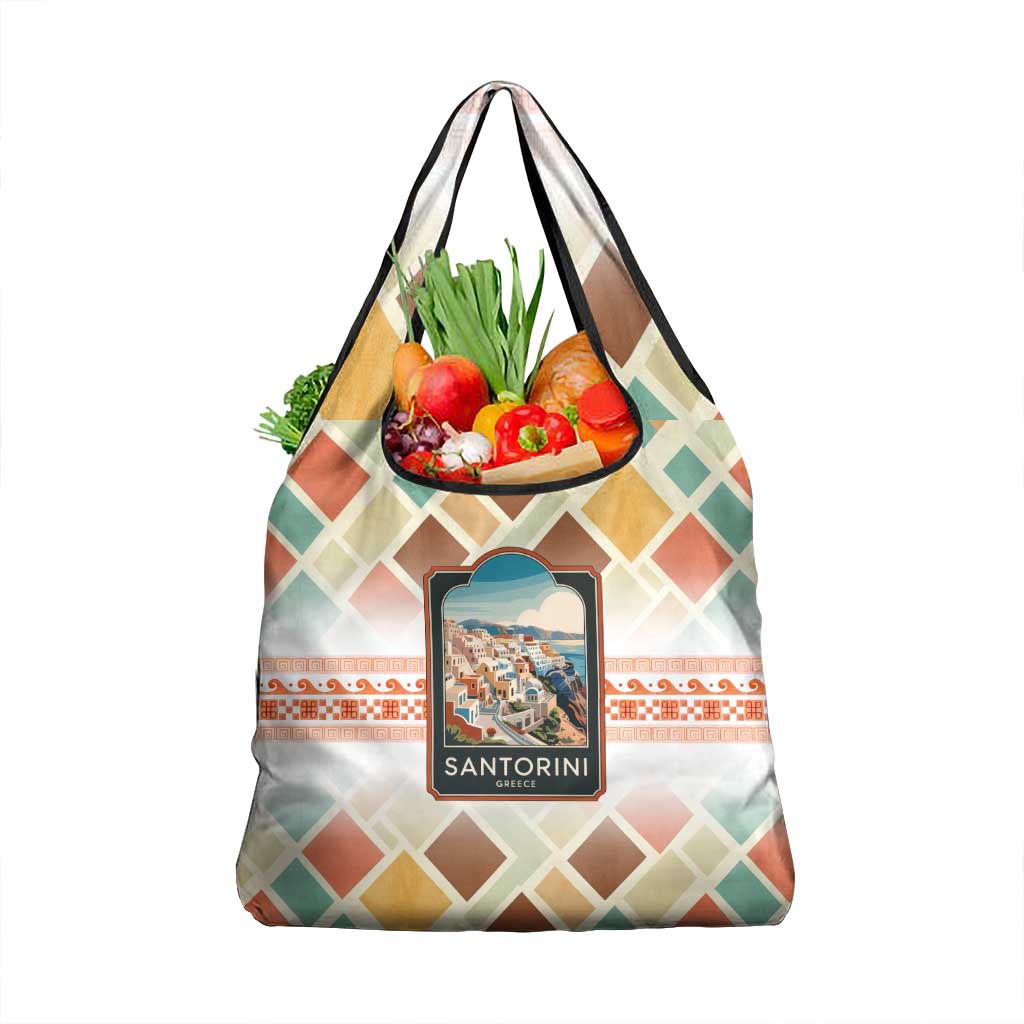 Santorini Greece Grocery Bag Sunset Village Print and Mediterranean Geometric Pattern