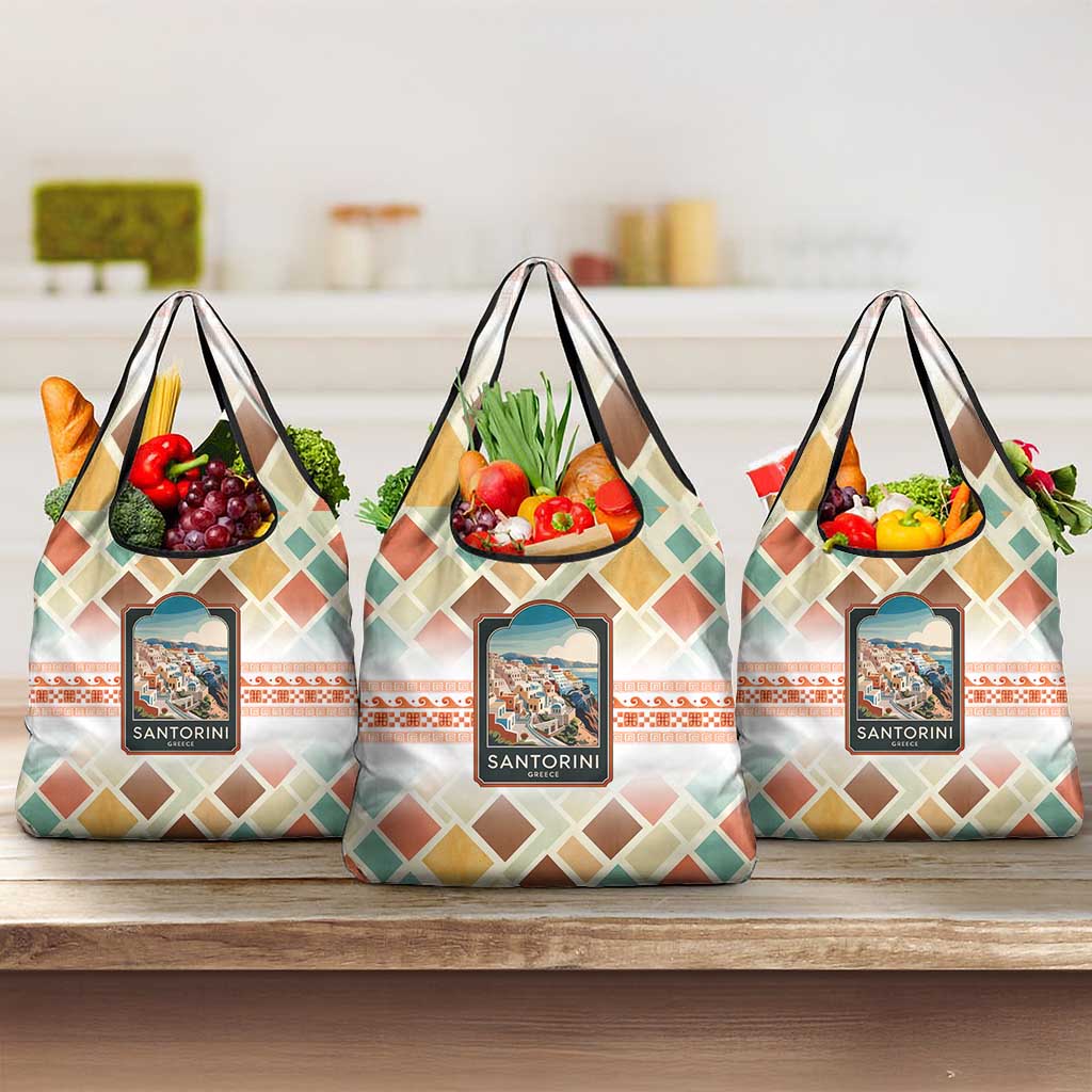 Santorini Greece Grocery Bag Sunset Village Print and Mediterranean Geometric Pattern
