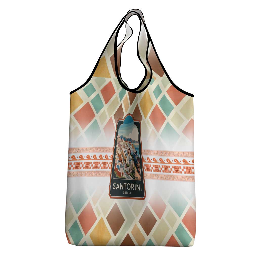 Santorini Greece Grocery Bag Sunset Village Print and Mediterranean Geometric Pattern