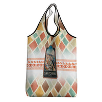 Santorini Greece Grocery Bag Sunset Village Print and Mediterranean Geometric Pattern