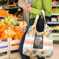 Santorini Greece Grocery Bag Sunset Village Print and Mediterranean Geometric Pattern