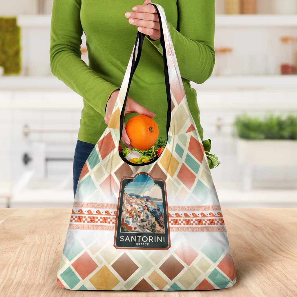 Santorini Greece Grocery Bag Sunset Village Print and Mediterranean Geometric Pattern