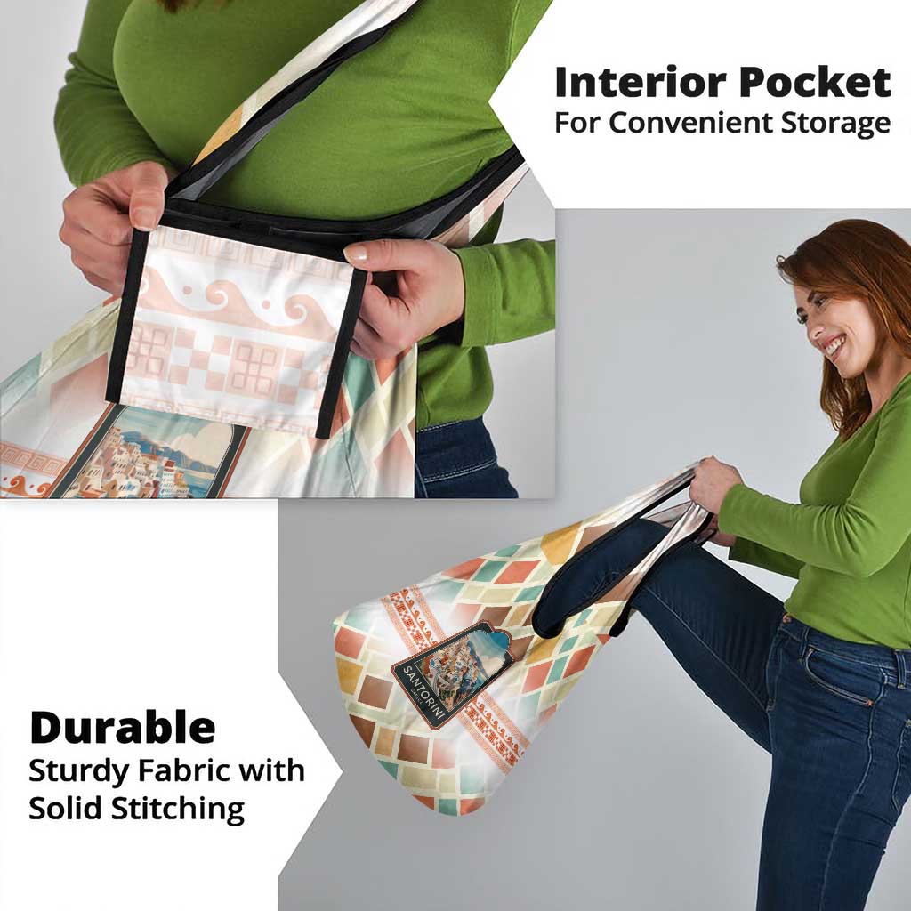 Santorini Greece Grocery Bag Sunset Village Print and Mediterranean Geometric Pattern