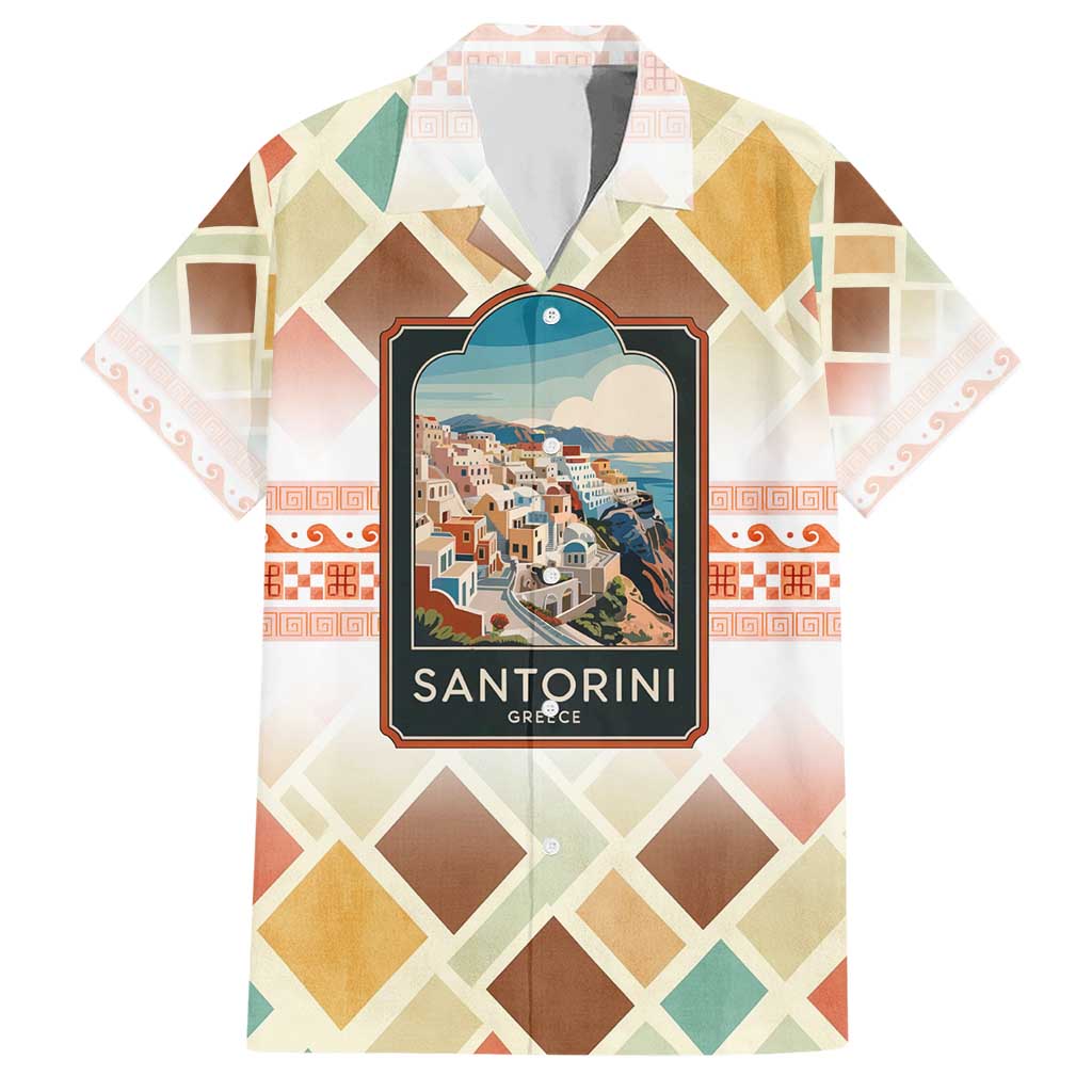 Santorini Greece Hawaiian Shirt Sunset Village Print and Mediterranean Geometric Pattern