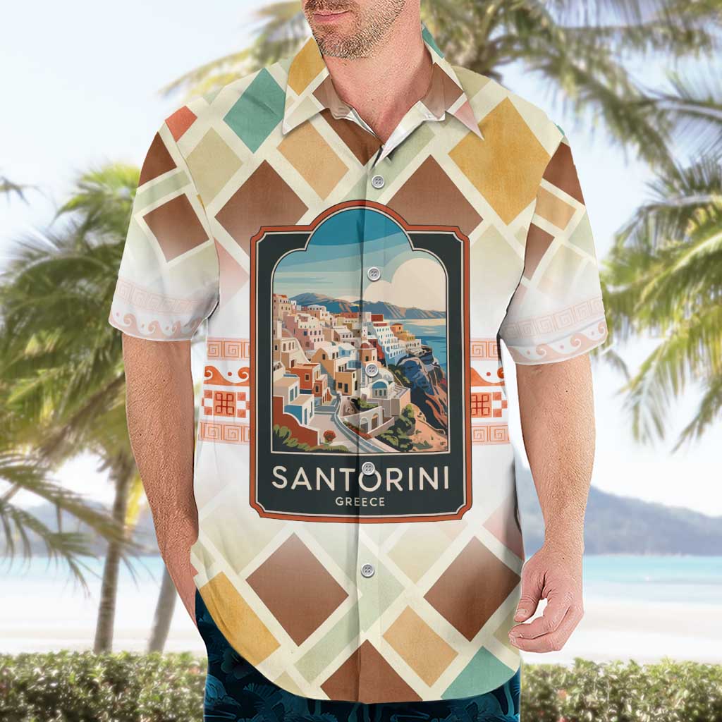 Santorini Greece Hawaiian Shirt Sunset Village Print and Mediterranean Geometric Pattern
