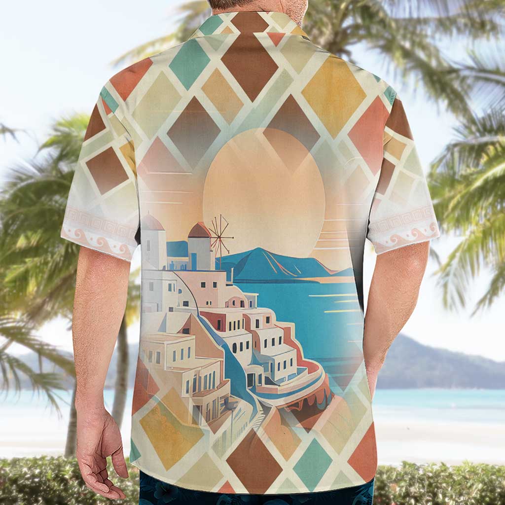 Santorini Greece Hawaiian Shirt Sunset Village Print and Mediterranean Geometric Pattern