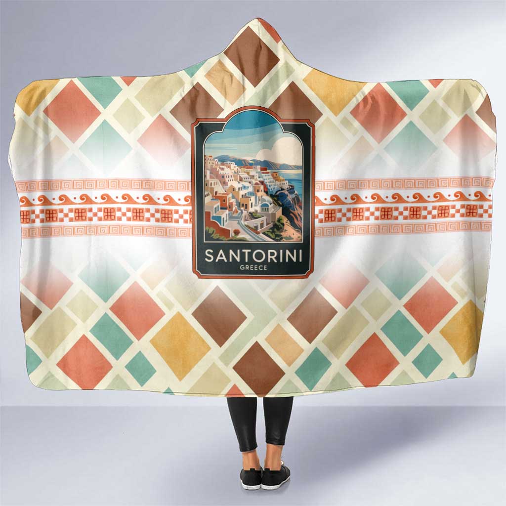 Santorini Greece Hooded Blanket Sunset Village Print and Mediterranean Geometric Pattern