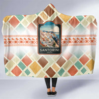 Santorini Greece Hooded Blanket Sunset Village Print and Mediterranean Geometric Pattern