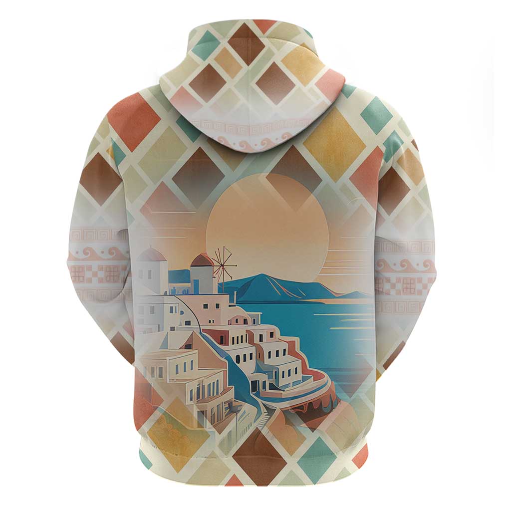 Santorini Greece Hoodie Sunset Village Print and Mediterranean Geometric Pattern
