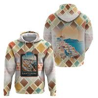 Santorini Greece Hoodie Sunset Village Print and Mediterranean Geometric Pattern
