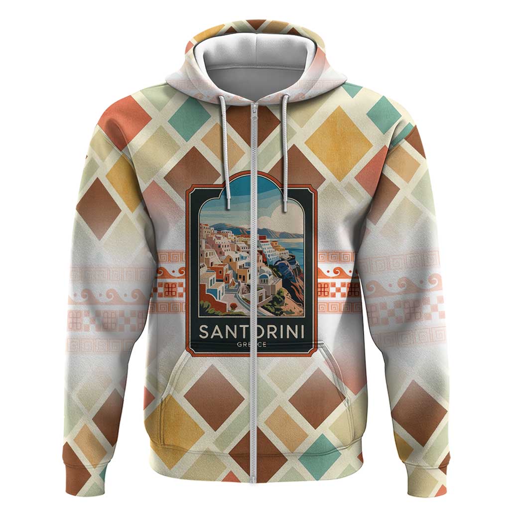 Santorini Greece Hoodie Sunset Village Print and Mediterranean Geometric Pattern