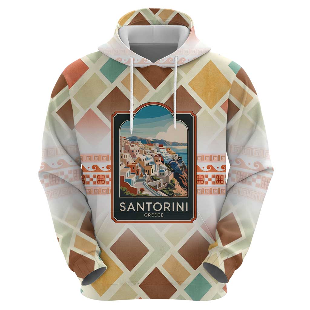 Santorini Greece Hoodie Sunset Village Print and Mediterranean Geometric Pattern