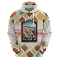 Santorini Greece Hoodie Sunset Village Print and Mediterranean Geometric Pattern
