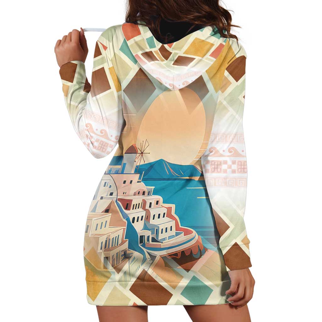 Santorini Greece Hoodie Dress Sunset Village Print and Mediterranean Geometric Pattern