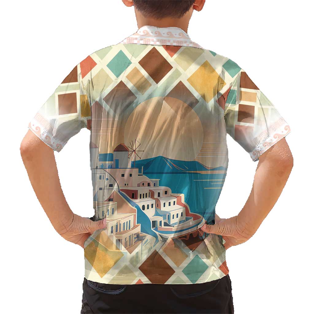 Santorini Greece Kid Hawaiian Shirt Sunset Village Print and Mediterranean Geometric Pattern