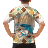 Santorini Greece Kid Hawaiian Shirt Sunset Village Print and Mediterranean Geometric Pattern