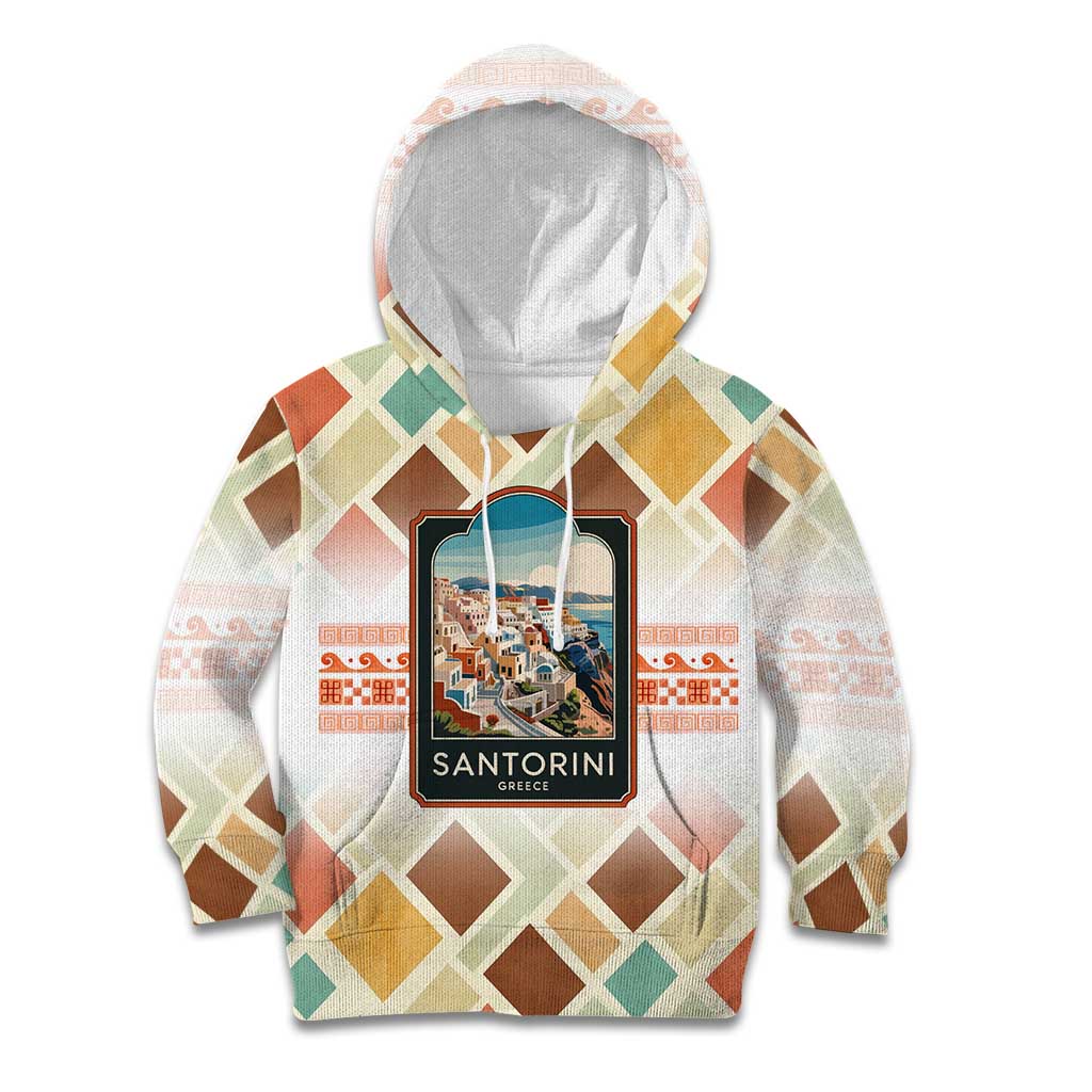 Santorini Greece Kid Hoodie Sunset Village Print and Mediterranean Geometric Pattern