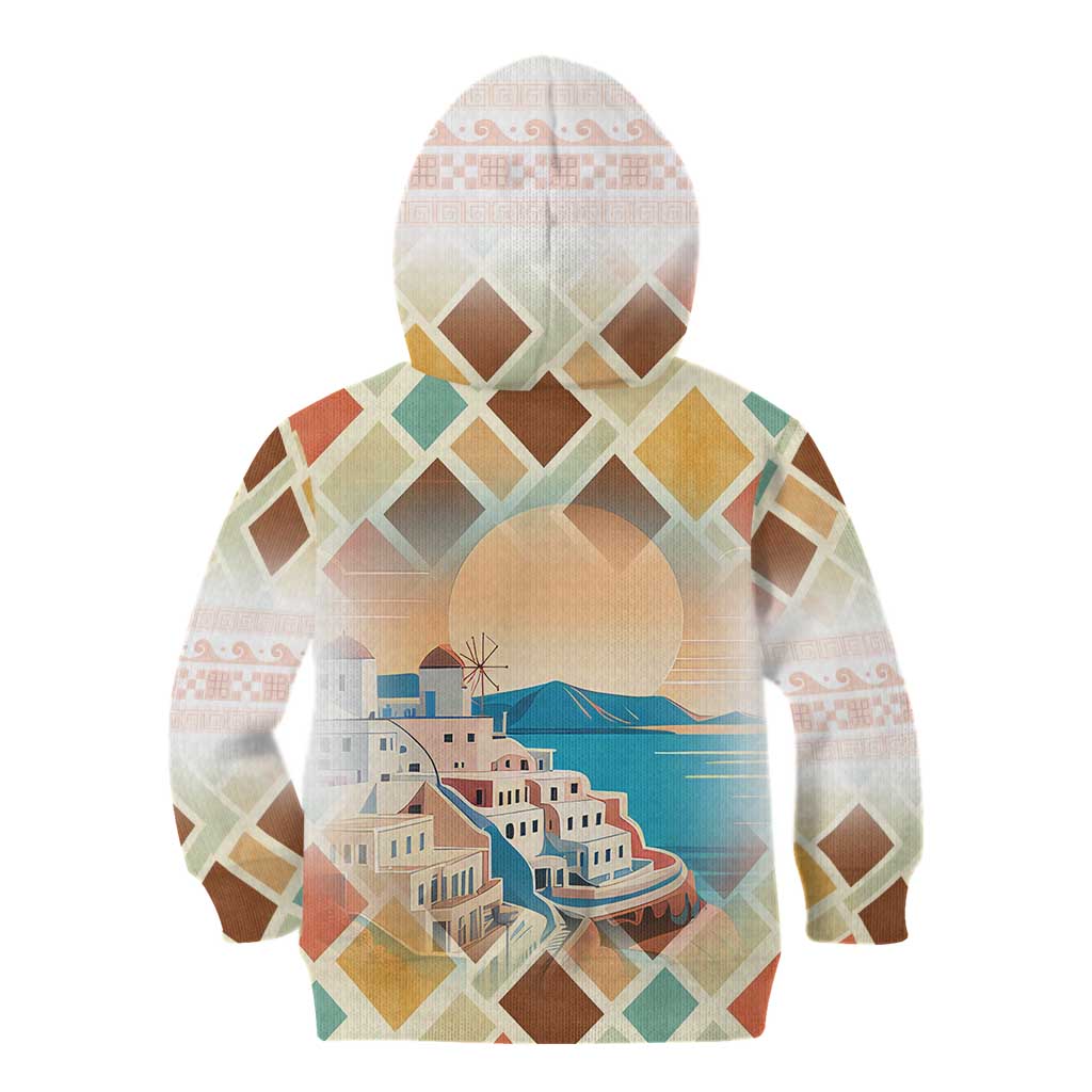 Santorini Greece Kid Hoodie Sunset Village Print and Mediterranean Geometric Pattern