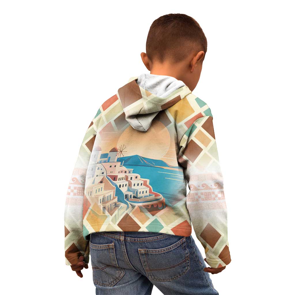 Santorini Greece Kid Hoodie Sunset Village Print and Mediterranean Geometric Pattern