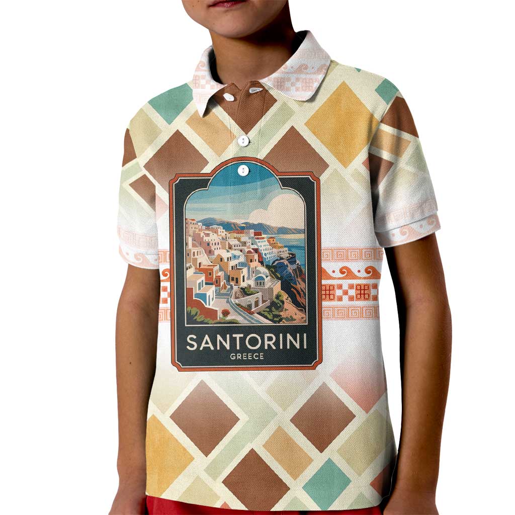 Santorini Greece Kid Polo Shirt Sunset Village Print and Mediterranean Geometric Pattern