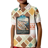 Santorini Greece Kid Polo Shirt Sunset Village Print and Mediterranean Geometric Pattern