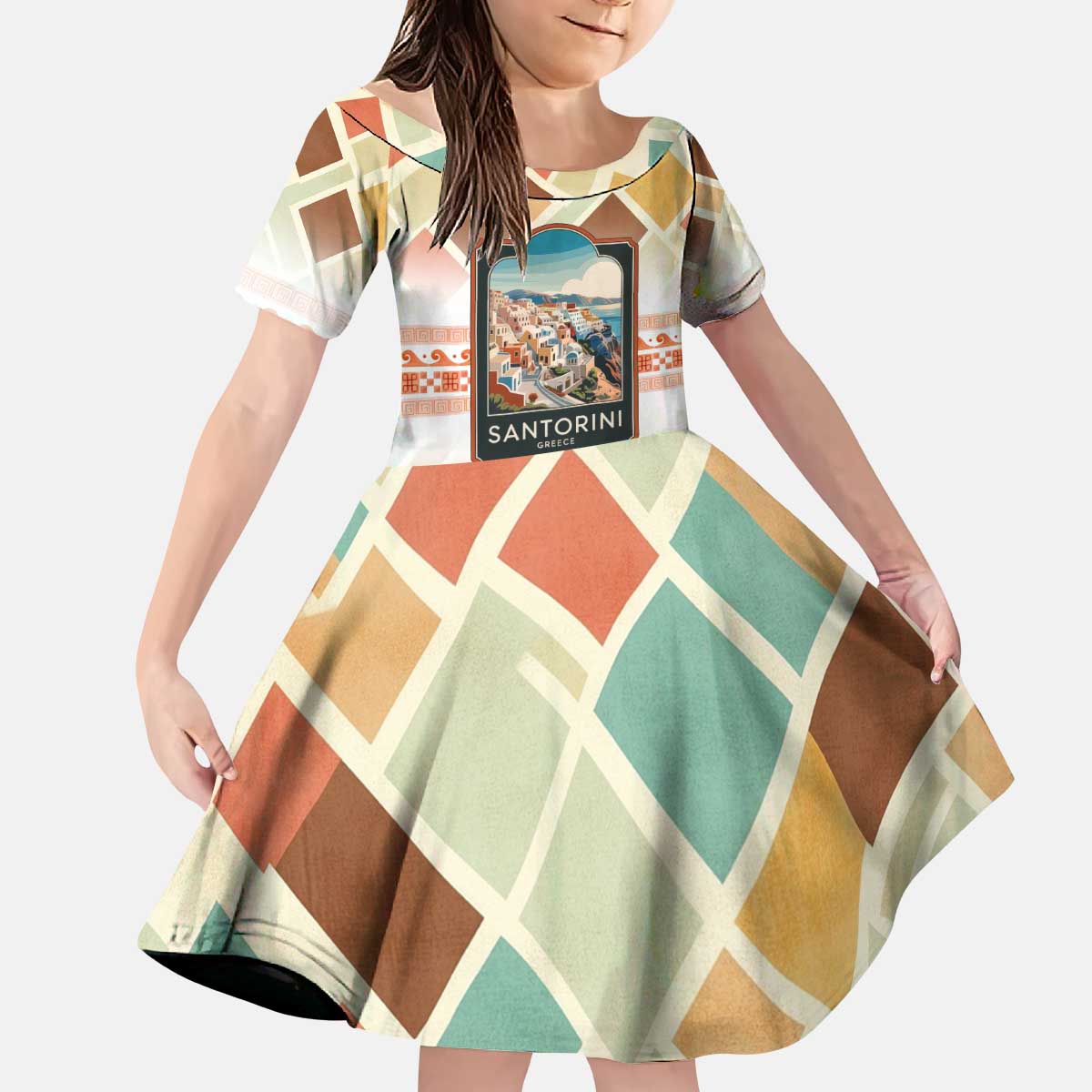 Santorini Greece Kid Short Sleeve Dress Sunset Village Print and Mediterranean Geometric Pattern