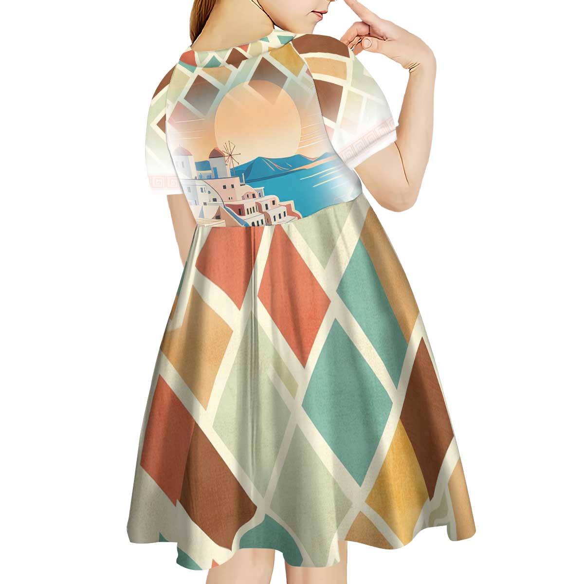 Santorini Greece Kid Short Sleeve Dress Sunset Village Print and Mediterranean Geometric Pattern