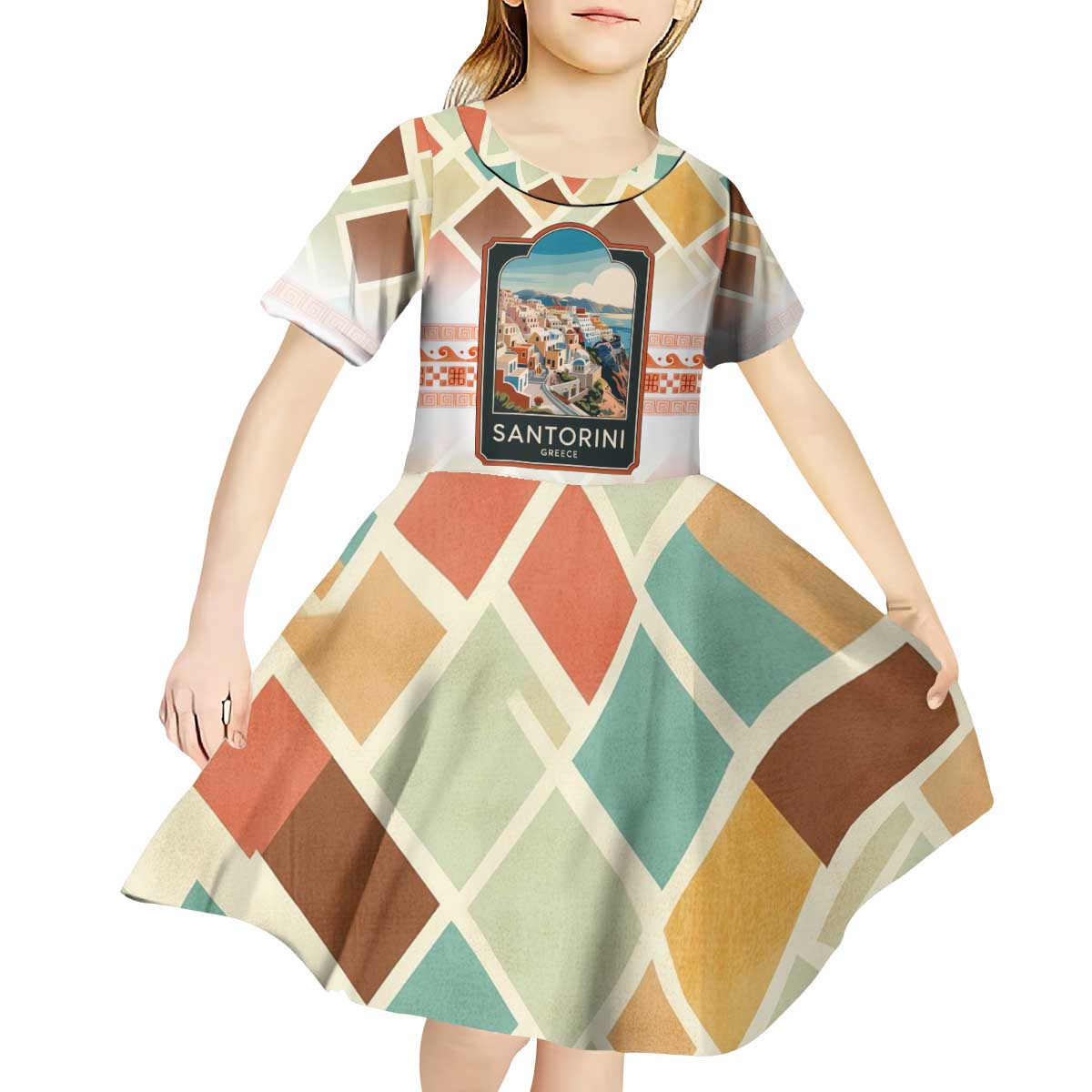 Santorini Greece Kid Short Sleeve Dress Sunset Village Print and Mediterranean Geometric Pattern