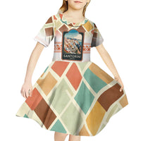 Santorini Greece Kid Short Sleeve Dress Sunset Village Print and Mediterranean Geometric Pattern